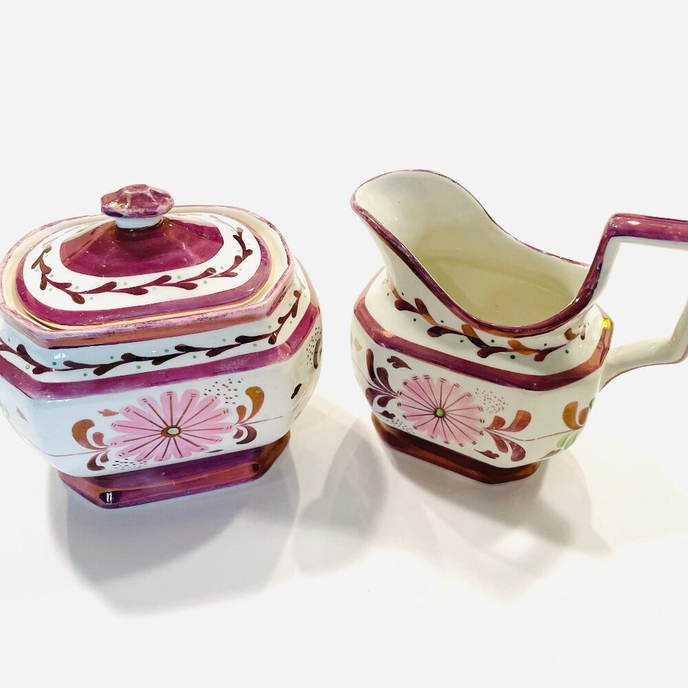 Art Deco Old Castle Made In England Luster Creamer Lidded Sugar Bowl
